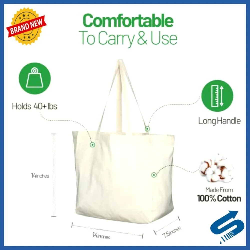 Heavy Duty Canvas Tote Bags Eco Friendly Foldable Lightweight Grocery Shopping